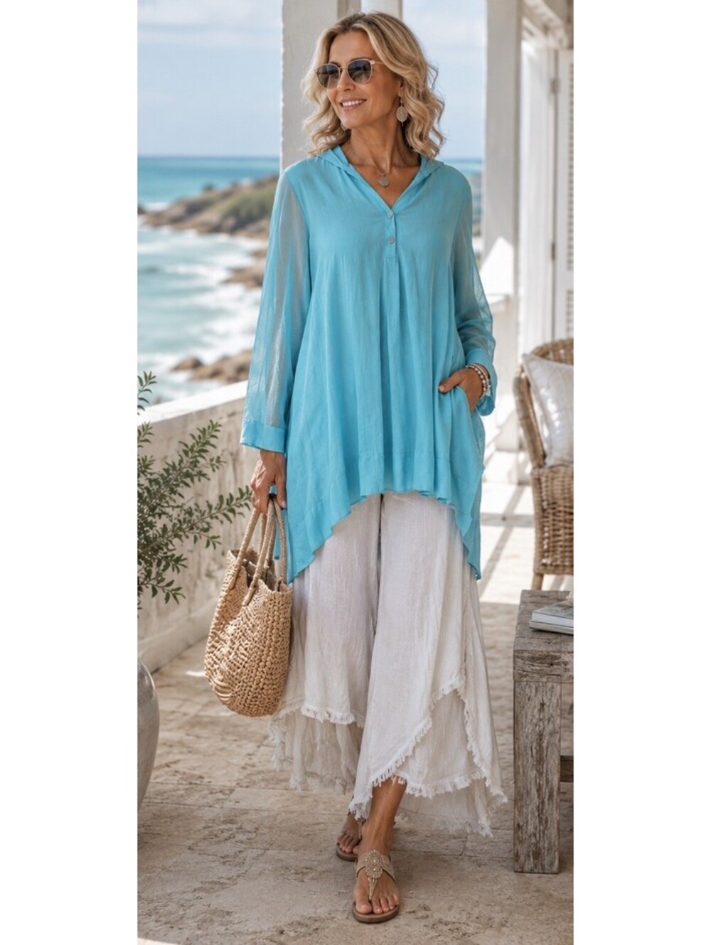 100% Silk & Cotton Sheer Sleeve Coastal Resort Lagenlook Flowy Tunic Top L